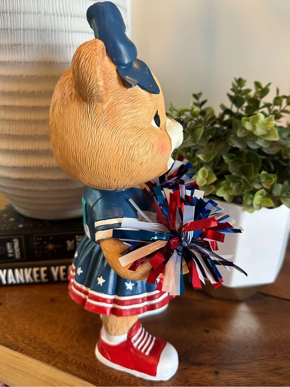 Patriotic Cheerleader Bear Figurine Red White Blue Americana Decor 12”